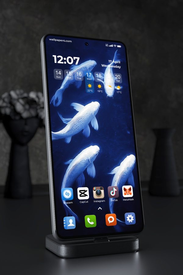 Phone Wallpaper 6494 - White Koi Fish in Deep Blue Water Art