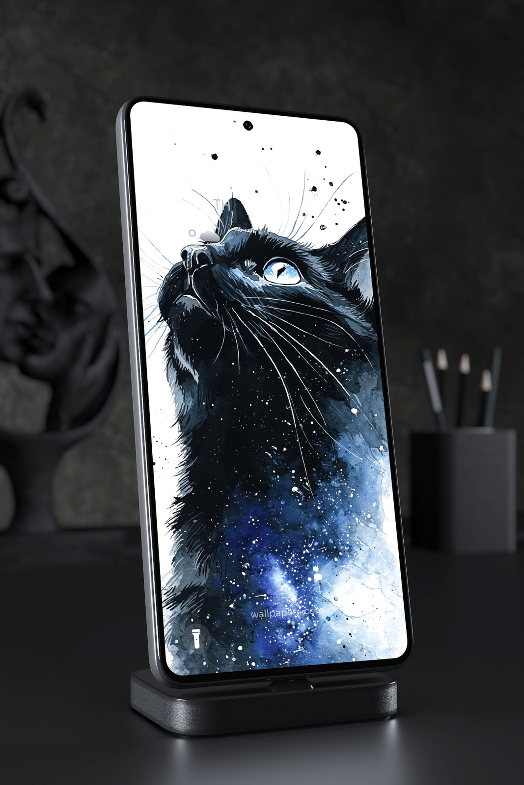 Phone Wallpaper 6516 - Cosmic Black Cat Blue Galaxy Art