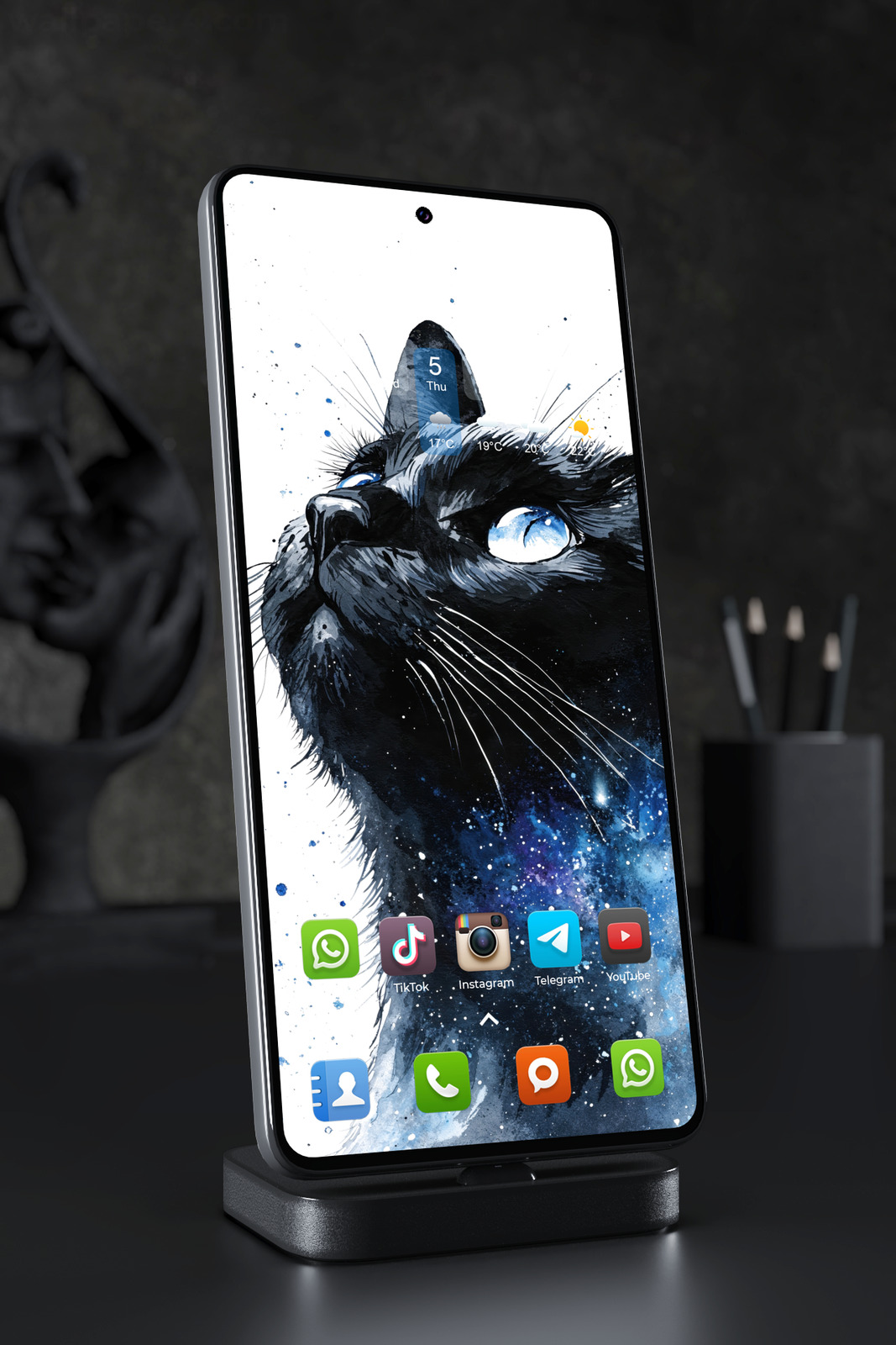 Mobile Wallpaper 6516 - Cosmic Black Cat Blue Galaxy Art