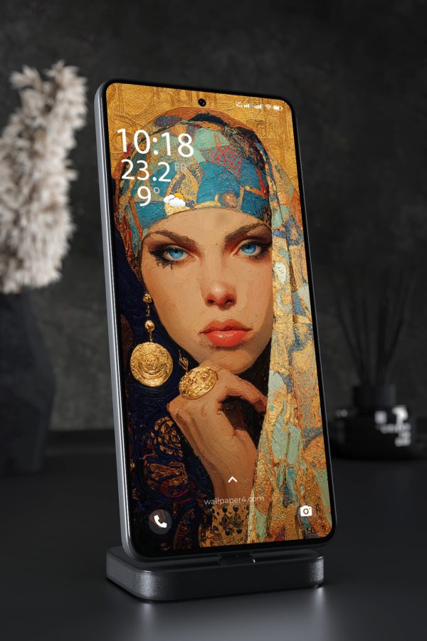 Phone Wallpaper 6521 - Mystical Woman Portrait in Gold and Blue Art