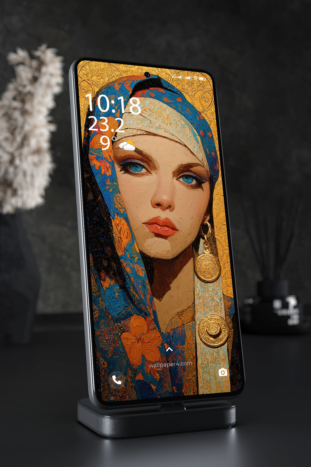 Mobile Wallpaper 6521 - Mystical Woman Portrait in Gold and Blue Art