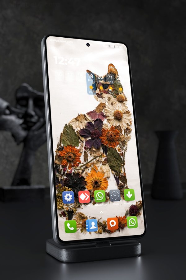 Phone Wallpaper 6554 - Vintage Floral Cat Silhouette with Dried Flowers