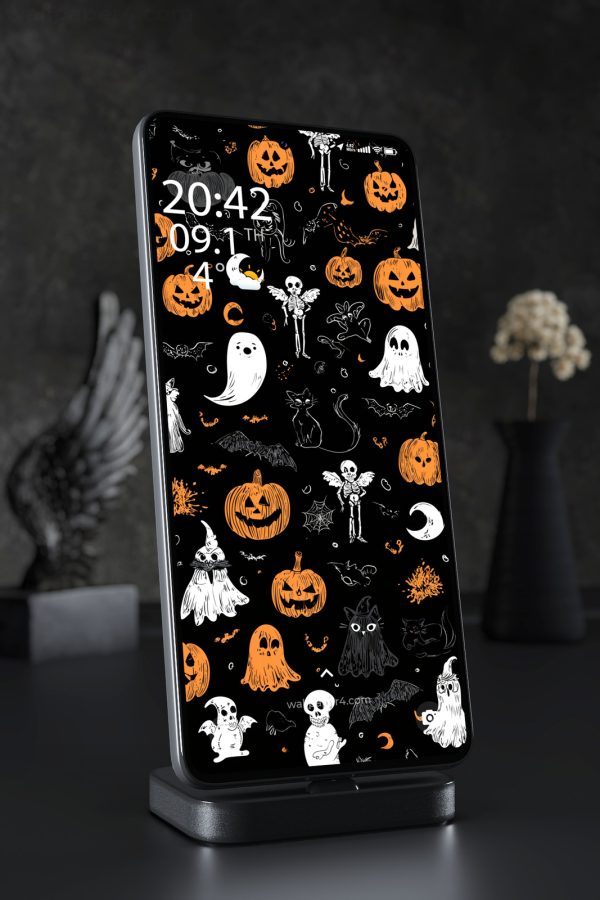 Phone Wallpaper 6562 - Spooky Halloween Ghosts and Pumpkins Pattern