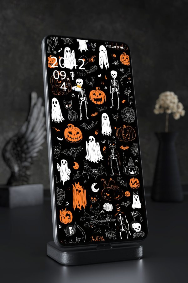Mobile Wallpaper 6562 - Spooky Halloween Ghosts and Pumpkins Pattern