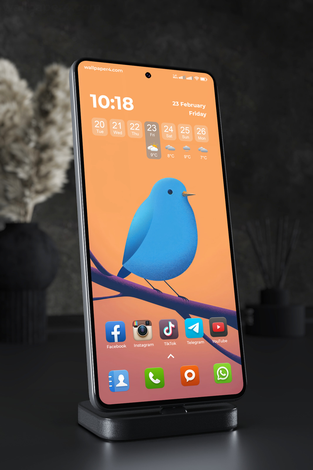 Mobile Wallpaper 6571 - Minimal Blue Bird on Coral Background