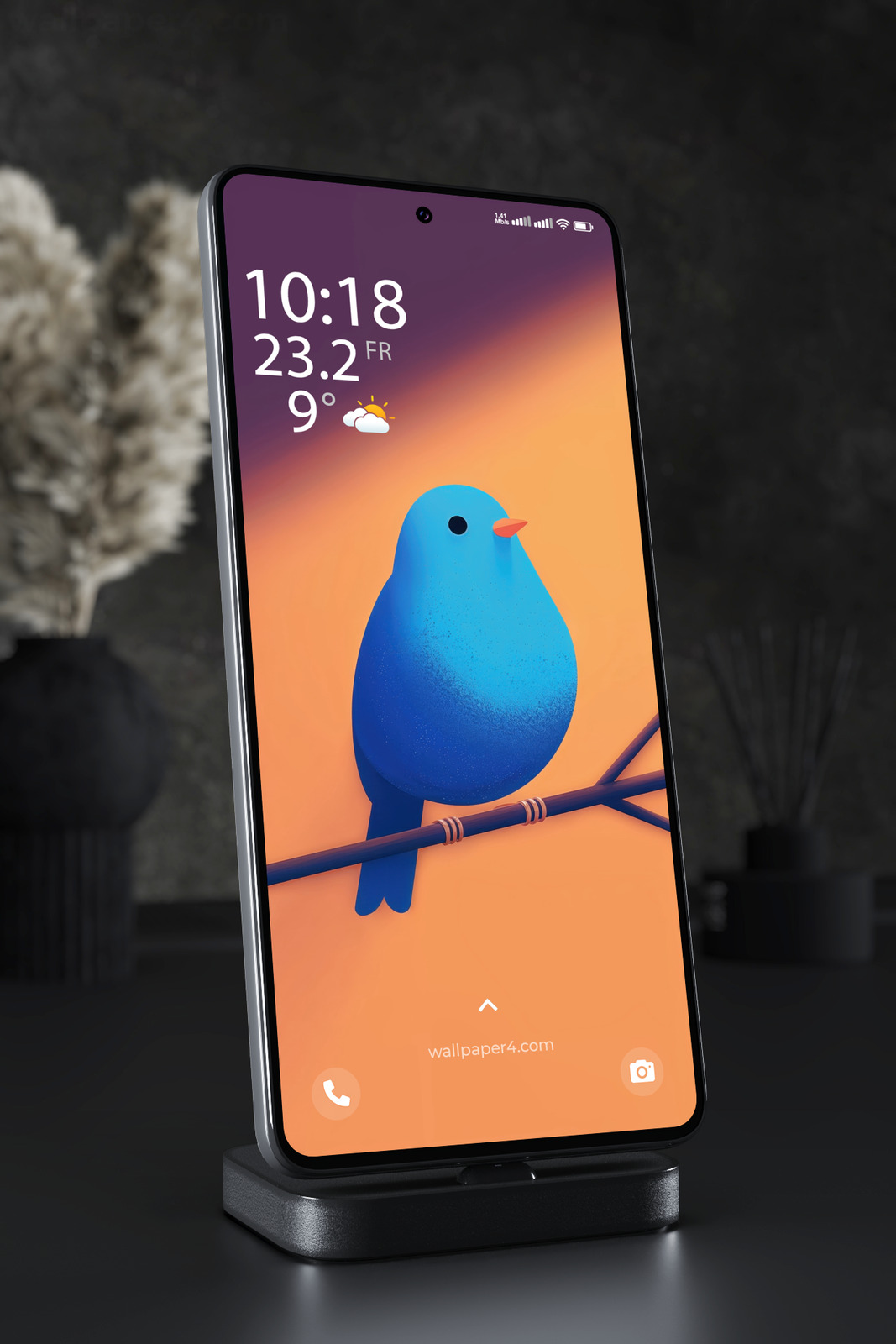 Mobile Wallpaper 6571 - Minimal Blue Bird on Coral Background