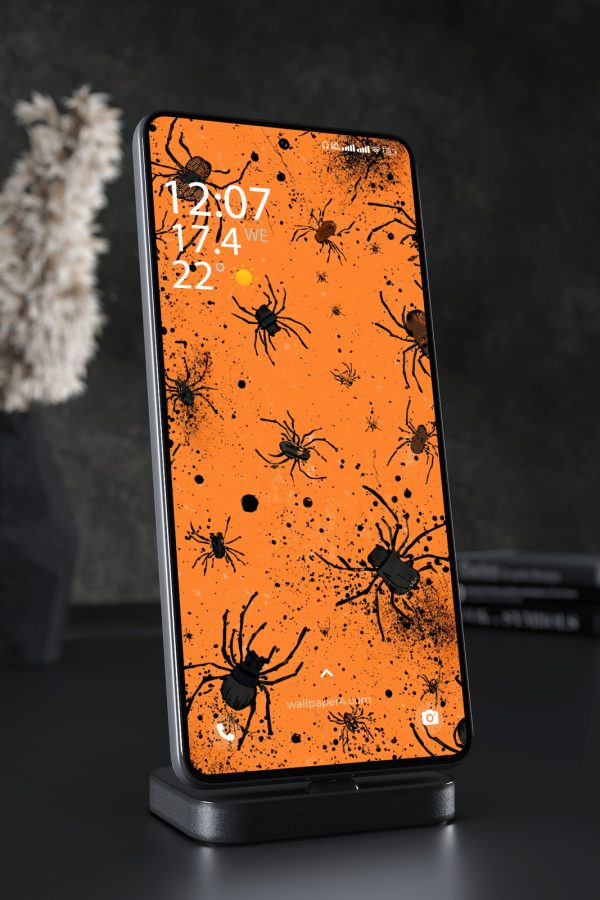 Phone Wallpaper 6581 - Spooky Black Spiders on Orange Background