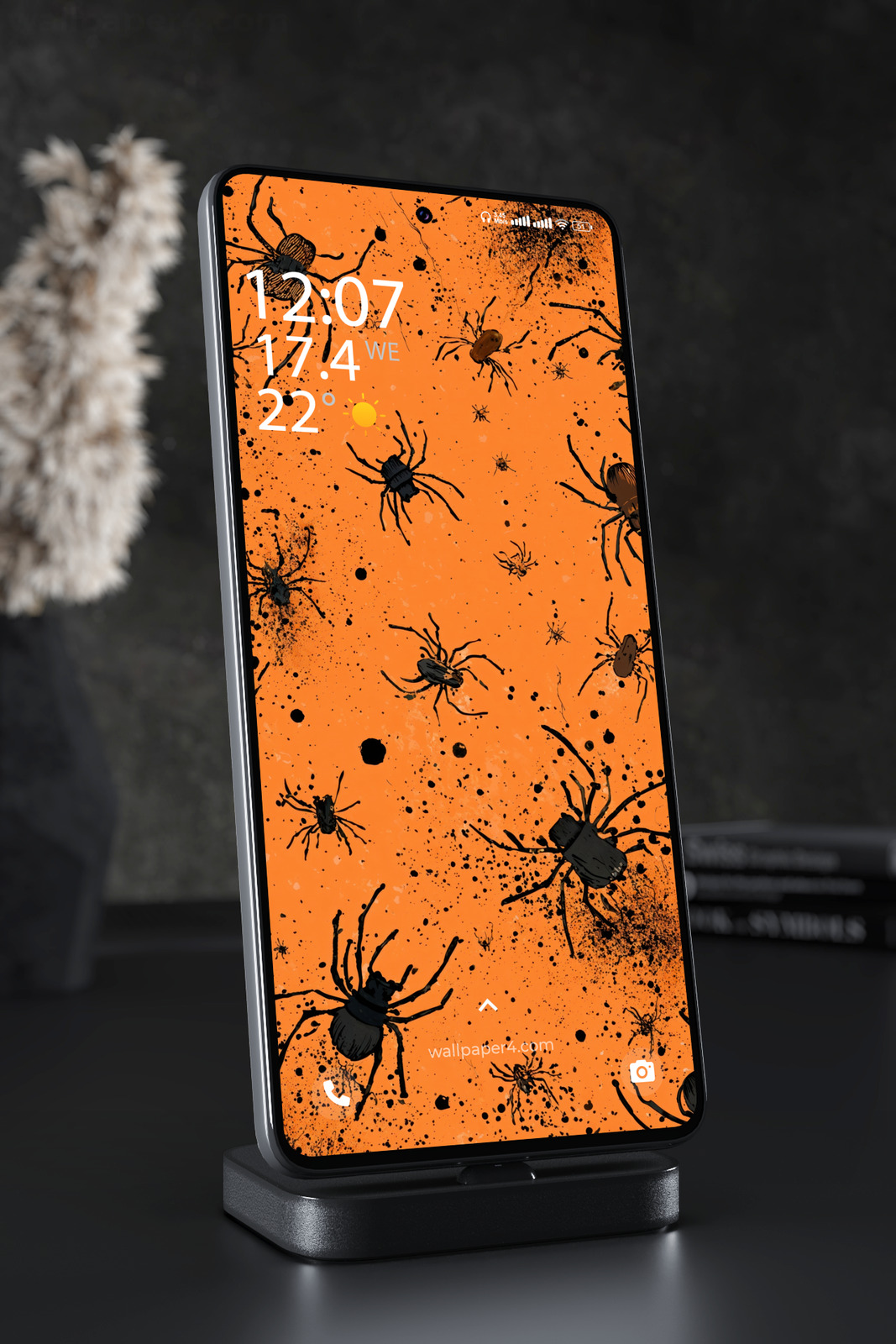 Phone Wallpaper 6581 - Spooky Black Spiders on Orange Background