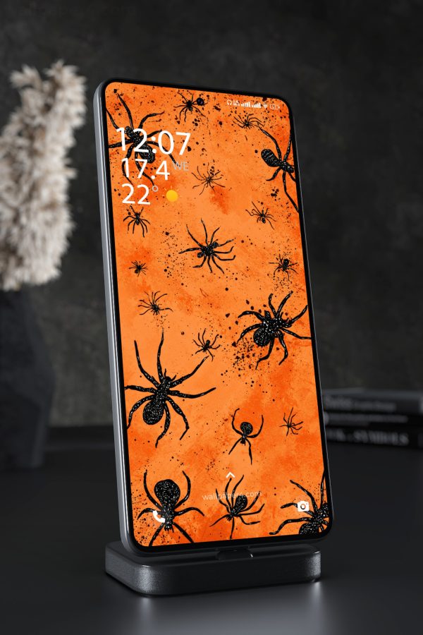 Mobile Wallpaper 6581 - Spooky Black Spiders on Orange Background