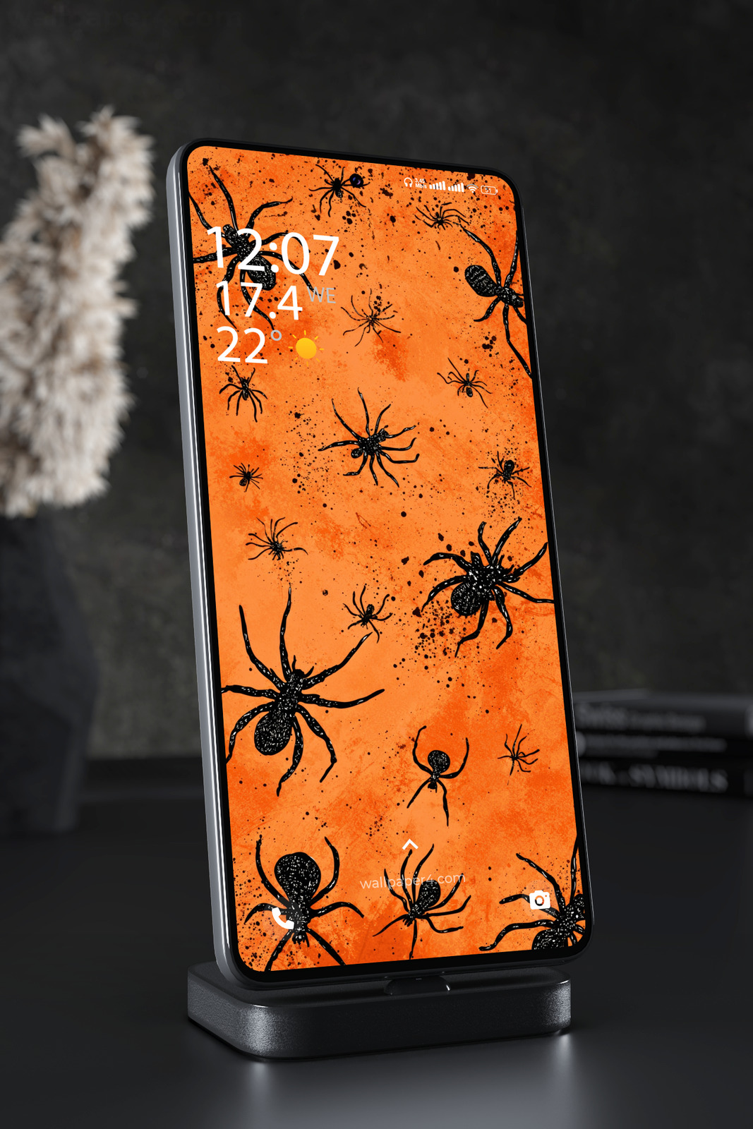 Mobile Wallpaper 6581 - Spooky Black Spiders on Orange Background