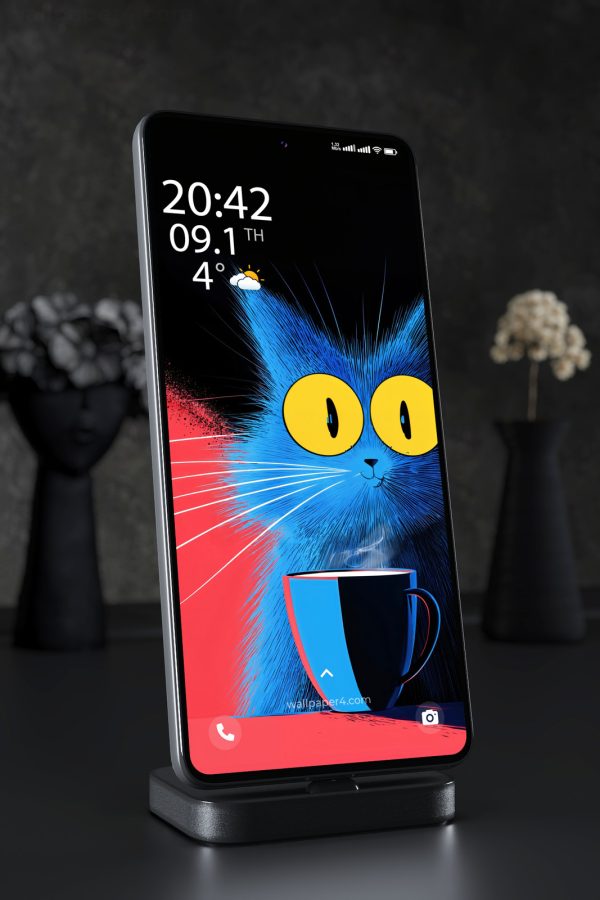 Phone Wallpaper 6608 - Cute Blue Cat With Red Cup Dark Art