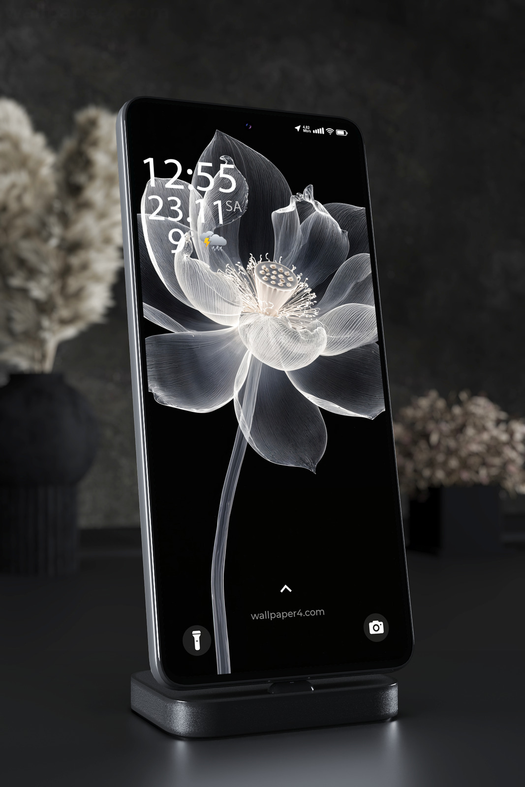 Mobile Wallpaper 6622 - Elegant White Lotus Flower on Black Background