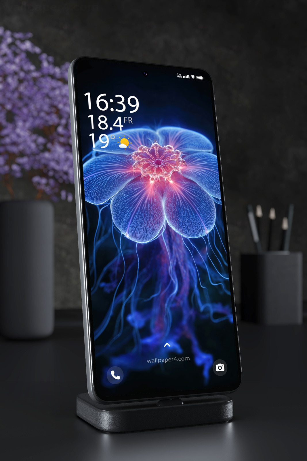 Phone Wallpaper 6627 - Glowing Blue Bioluminescent Flower Art