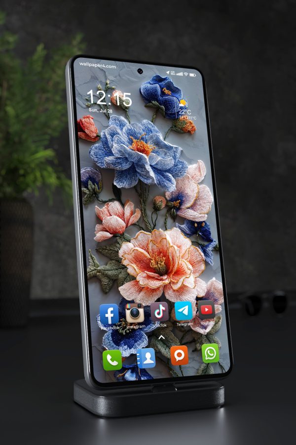 Phone Wallpaper 6639 - Elegant Blue and Pink Floral Embroidery Art
