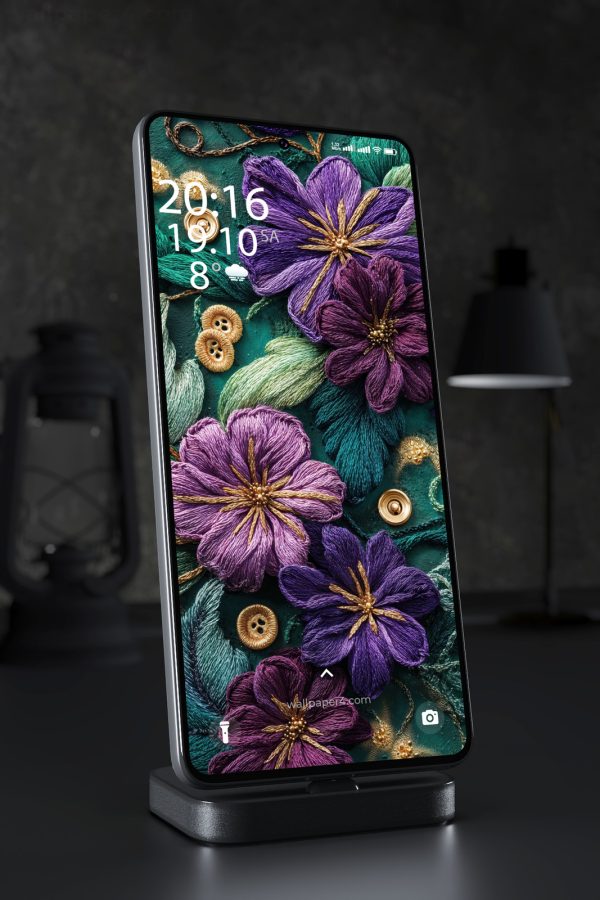 Phone Wallpaper 6644 - Elegant Purple Floral Embroidery Texture Design