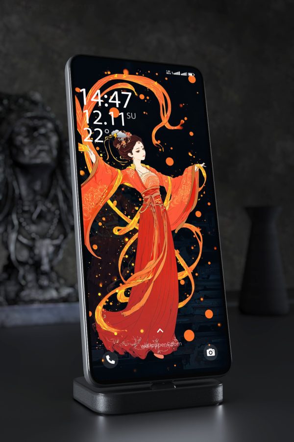 Phone Wallpaper 6648 - Elegant Chinese Dancer in Fiery Orange Art