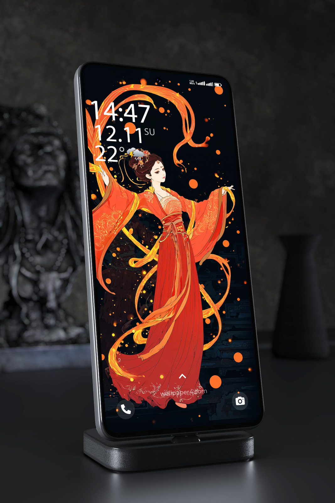 Phone Wallpaper 6648 - Elegant Chinese Dancer in Fiery Orange Art