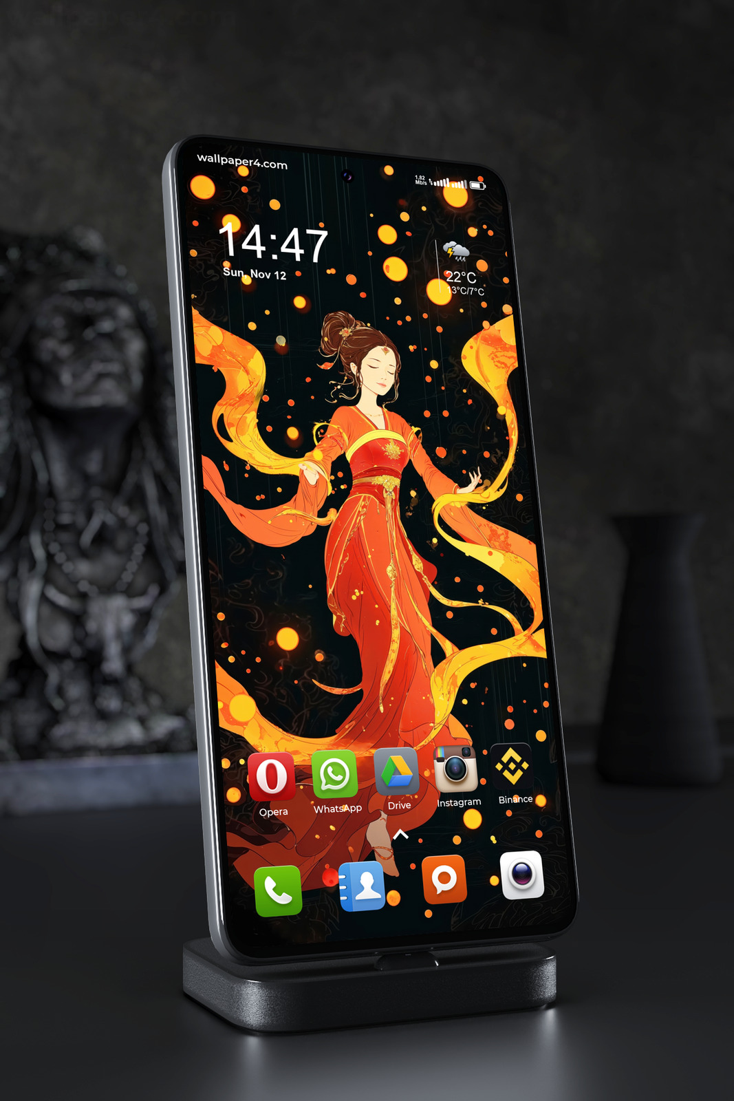 Mobile Wallpaper 6648 - Elegant Chinese Dancer in Fiery Orange Art