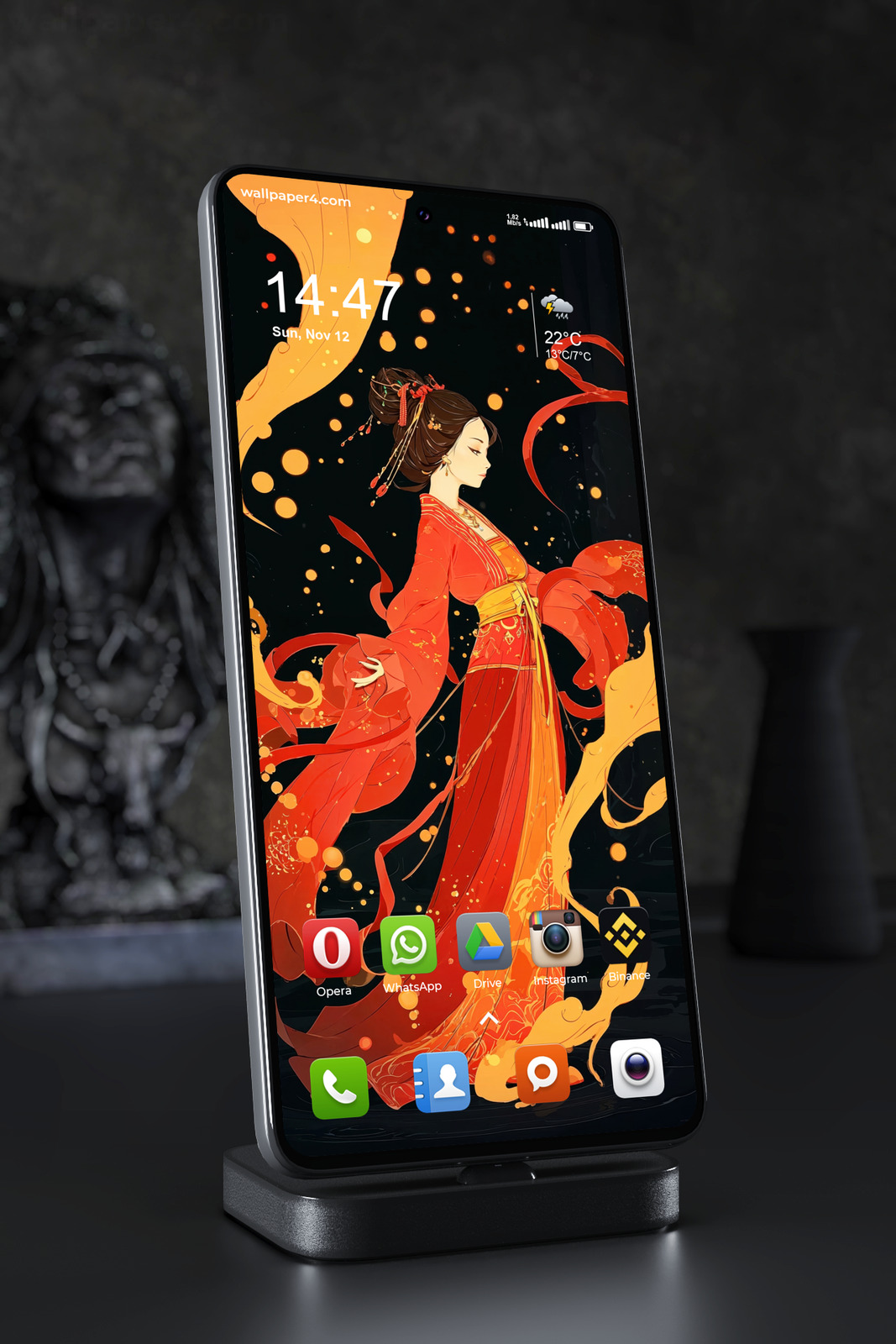 Mobile Wallpaper 6648 - Elegant Chinese Dancer in Fiery Orange Art