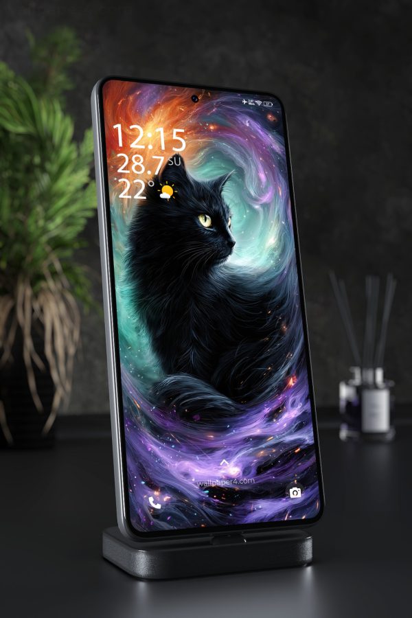 Phone Wallpaper 6653 - Cosmic Black Cat in Colorful Galaxy Art