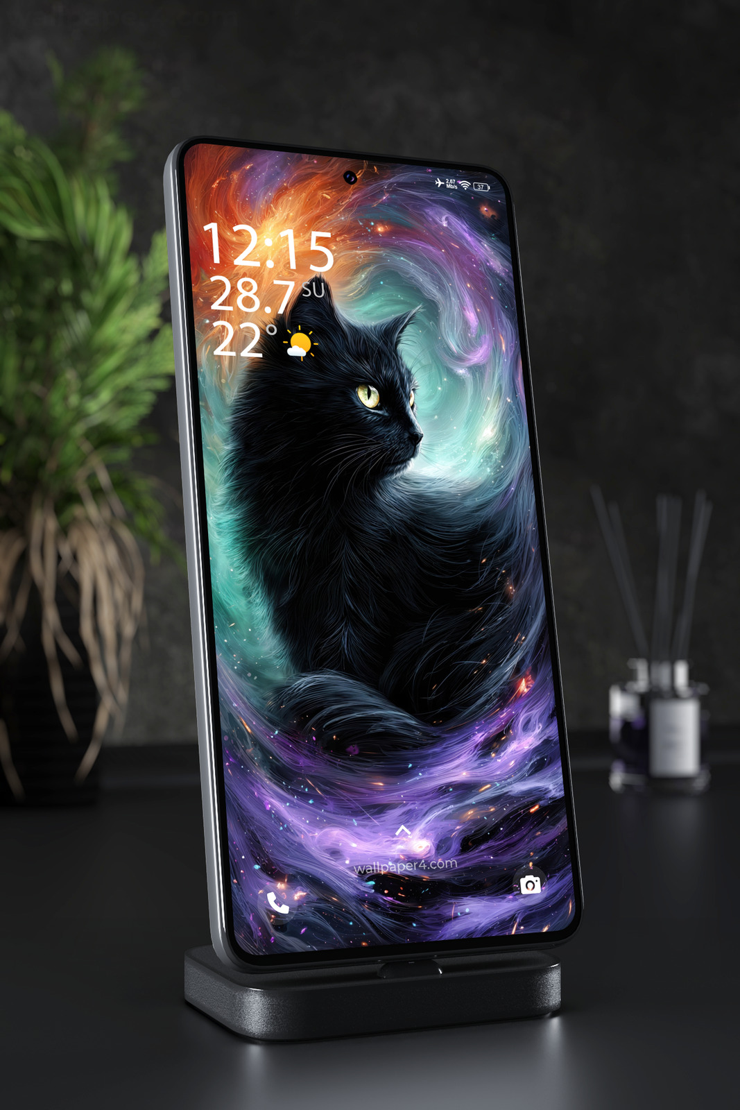 Phone Wallpaper 6653 - Cosmic Black Cat in Colorful Galaxy Art
