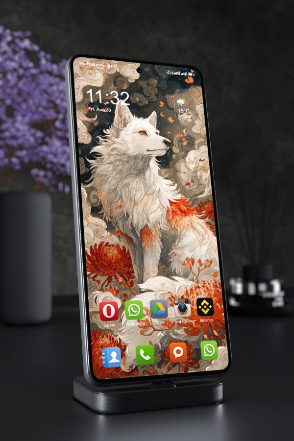Phone Wallpaper 6679 - Mystical White Fox in Autumn Fantasy Art