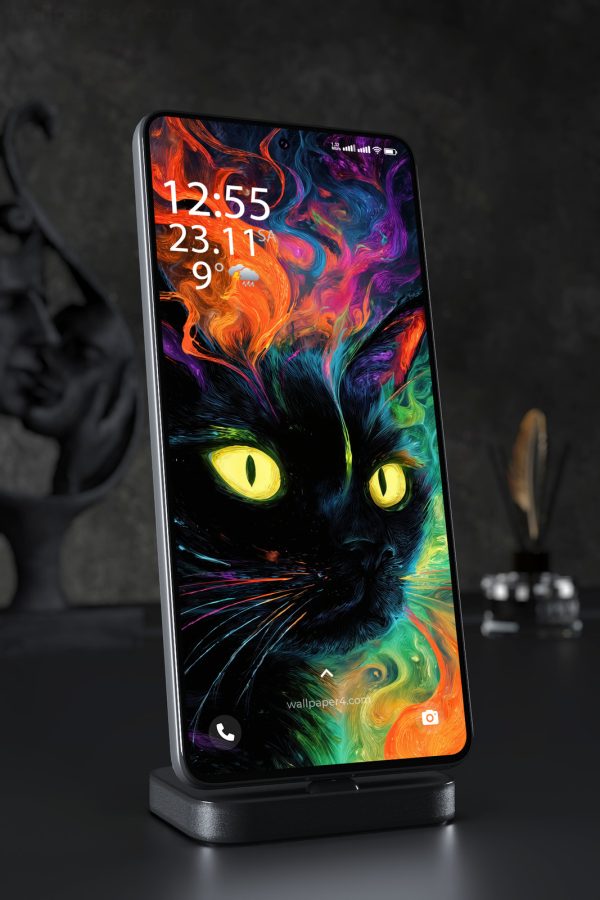 Phone Wallpaper 6684 - Neon Black Cat Abstract Art Wallpaper