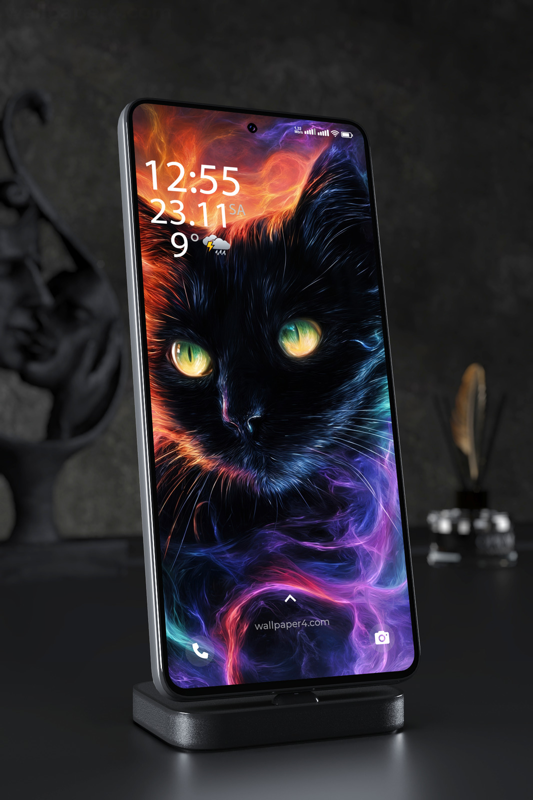 Mobile Wallpaper 6684 - Neon Black Cat Abstract Art Wallpaper