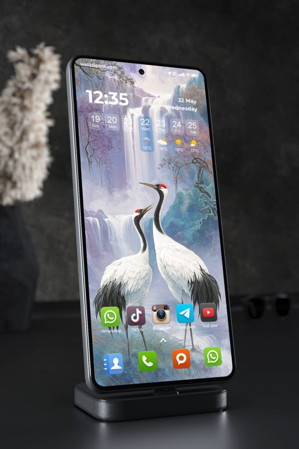 Phone Wallpaper 6688 - Elegant Cranes by Waterfall in Fantasy Nature
