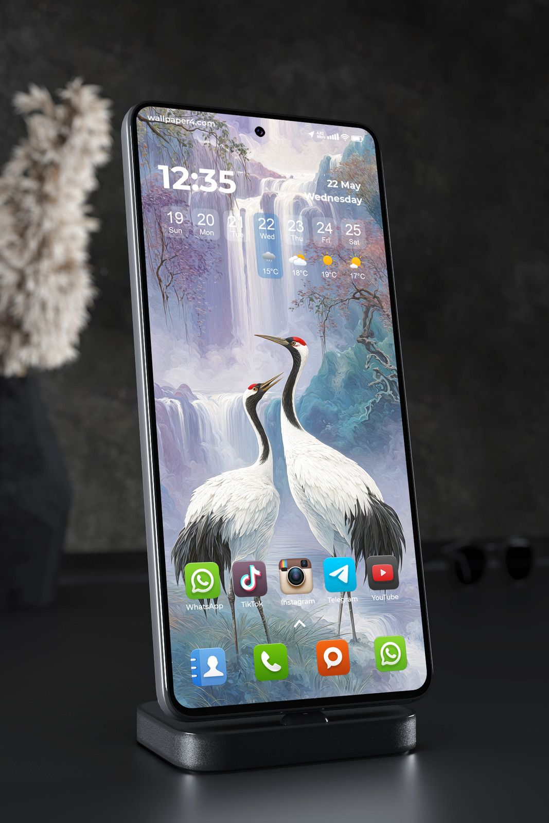 Phone Wallpaper 6688 - Elegant Cranes by Waterfall in Fantasy Nature