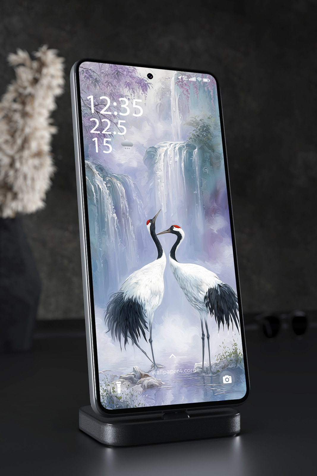 Mobile Wallpaper 6688 - Elegant Cranes by Waterfall in Fantasy Nature