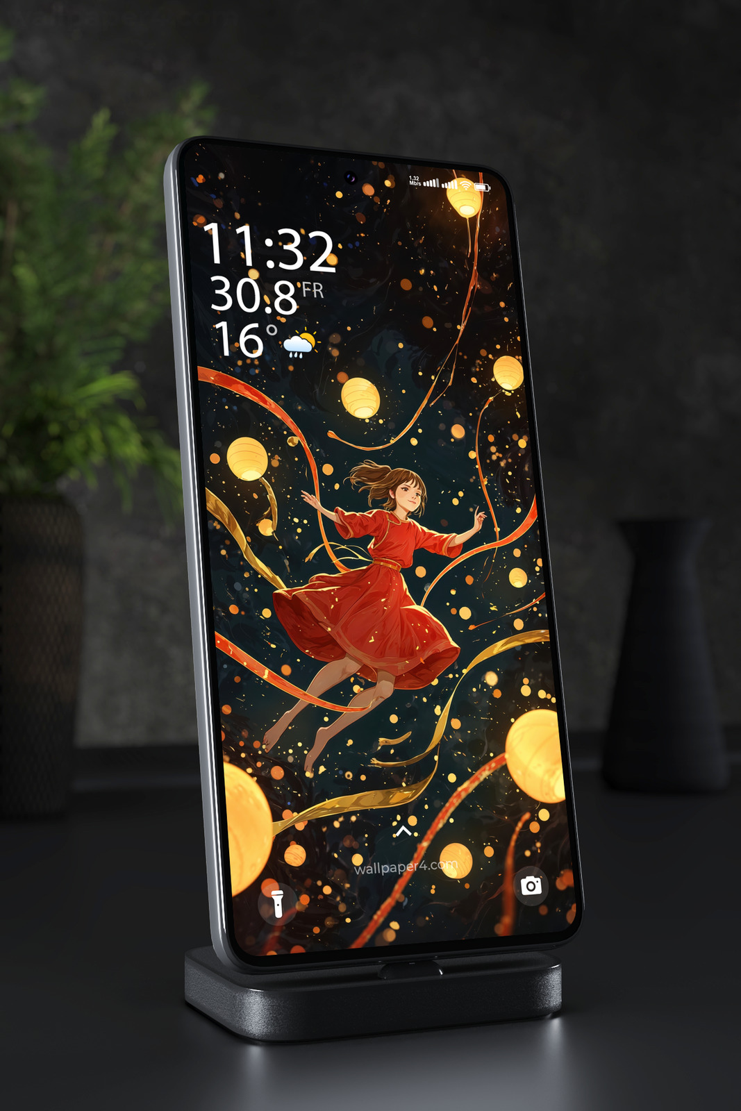 Phone Wallpaper 6784 - Mystical Lantern Girl in Cosmic Night Art