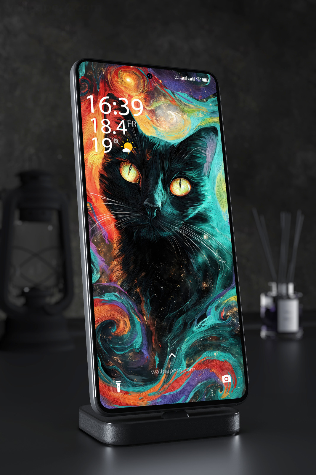 Phone Wallpaper 6789 - Cosmic Black Cat with Galaxy Art Design