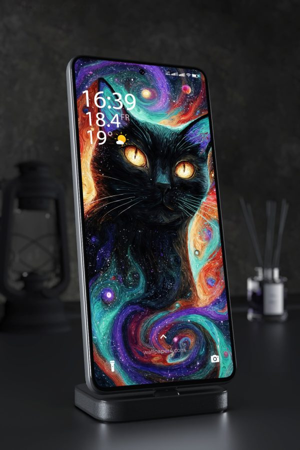 Mobile Wallpaper 6789 - Cosmic Black Cat with Galaxy Art Design