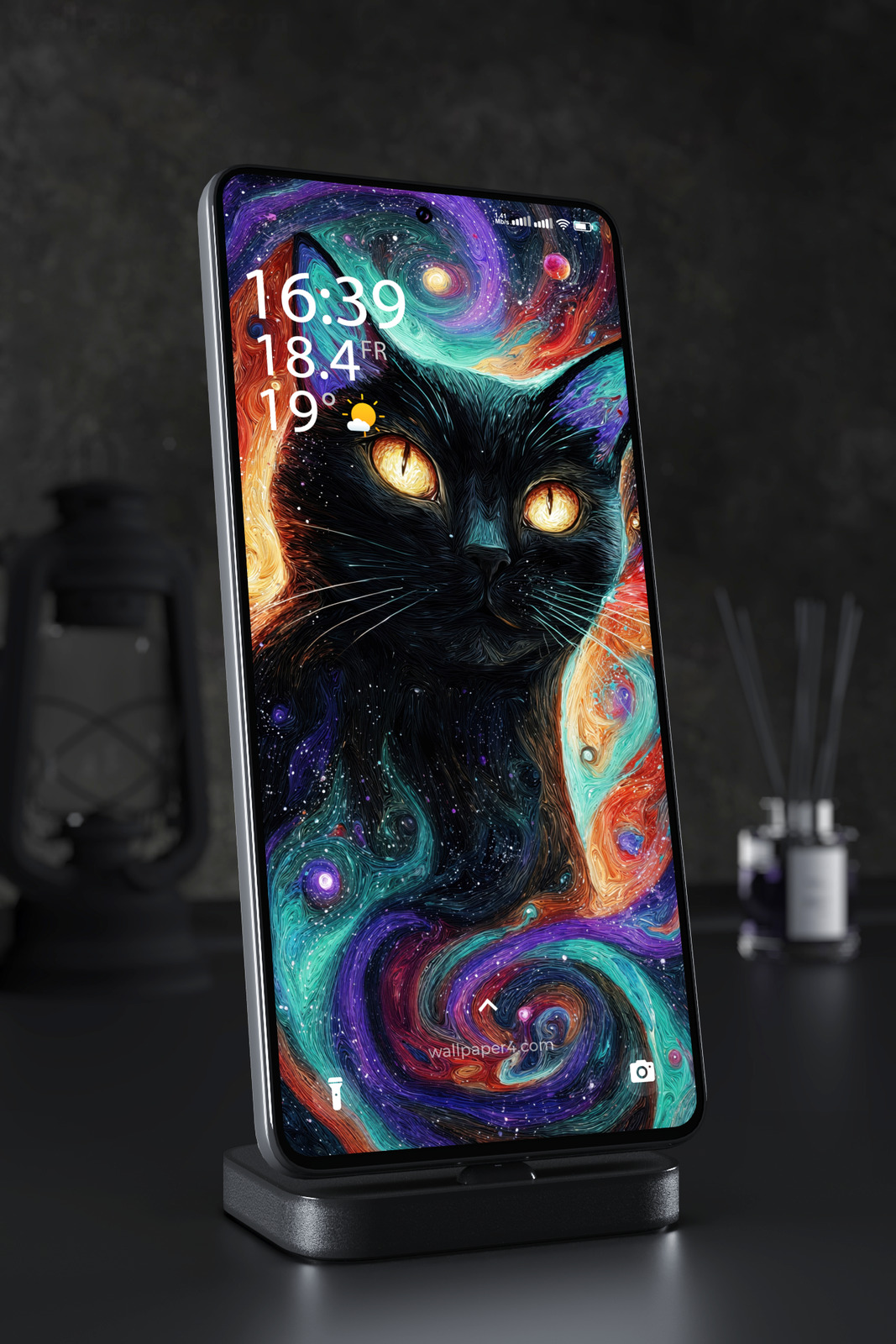 Mobile Wallpaper 6789 - Cosmic Black Cat with Galaxy Art Design