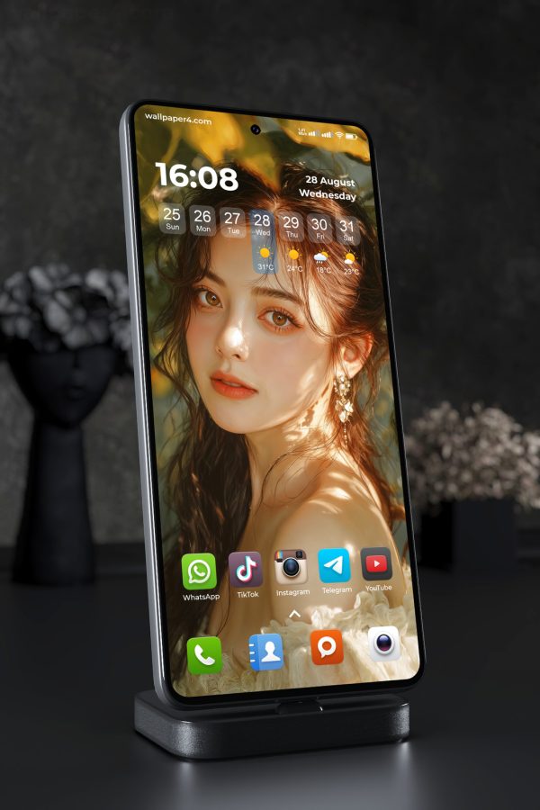 Phone Wallpaper 6807 - Elegant Woman Portrait in Golden Artistic Style