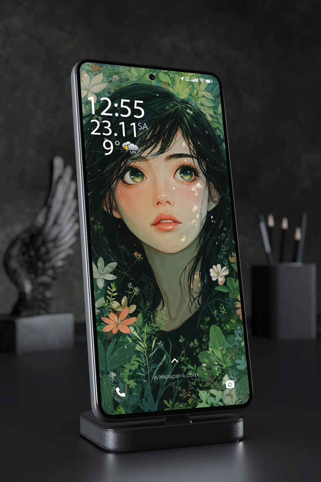 Phone Wallpaper 6813 - Mystical Green Eyed Girl Floral Portrait