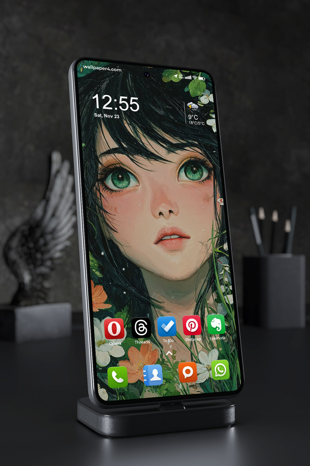 Mobile Wallpaper 6813 - Mystical Green Eyed Girl Floral Portrait