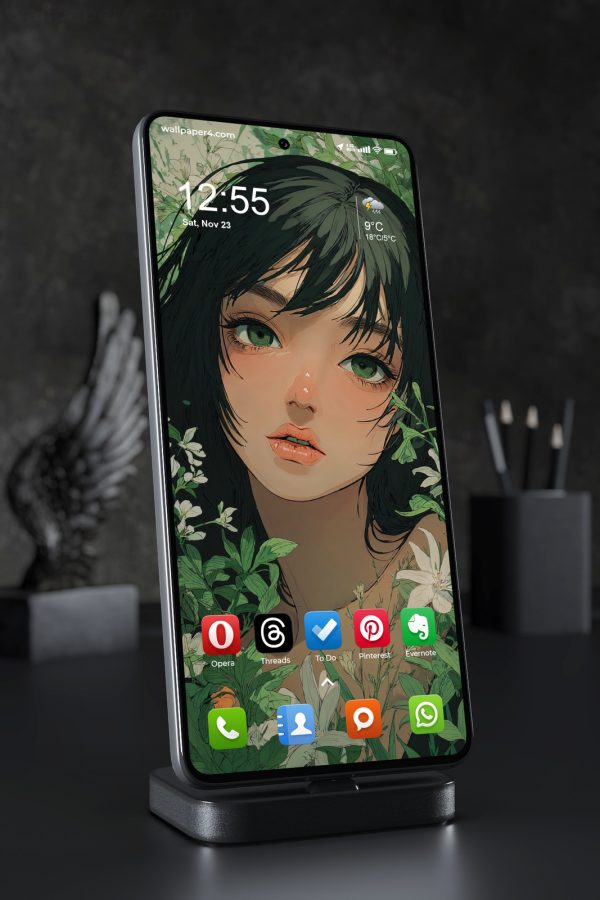 Mobile Wallpaper 6813 - Mystical Green Eyed Girl Floral Portrait
