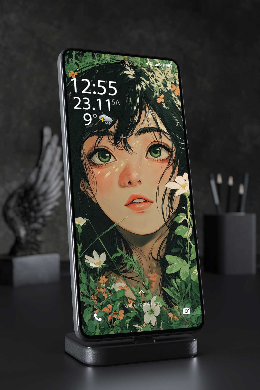 Mobile Wallpaper 6813 - Mystical Green Eyed Girl Floral Portrait