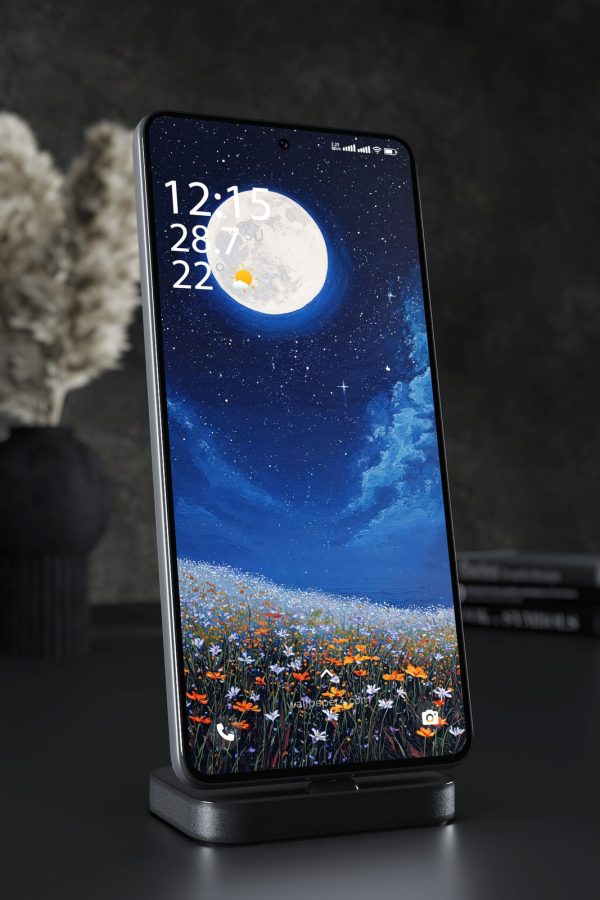 Phone Wallpaper 6822 - Moonlit Flower Meadow Under Blue Night Sky