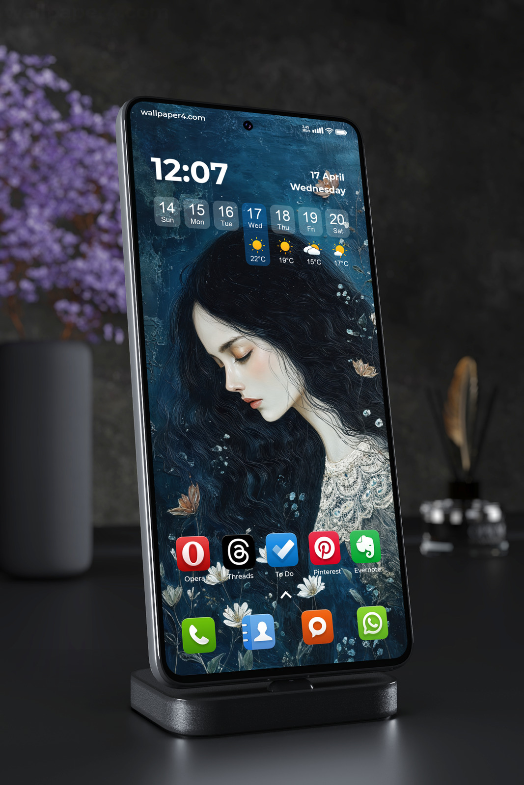 Phone Wallpaper 6827 - Mystical Blue Floral Woman Portrait Art