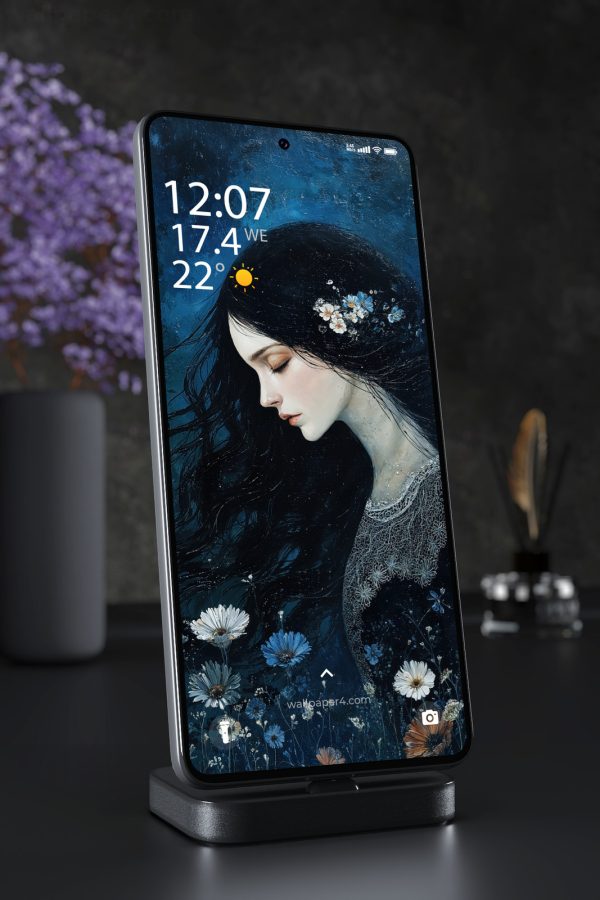 Mobile Wallpaper 6827 - Mystical Blue Floral Woman Portrait Art