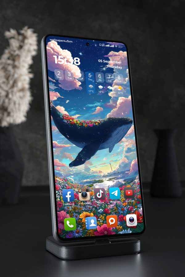 Phone Wallpaper 6836 - Magical Whale Flying Through Cosmic Flower Sky