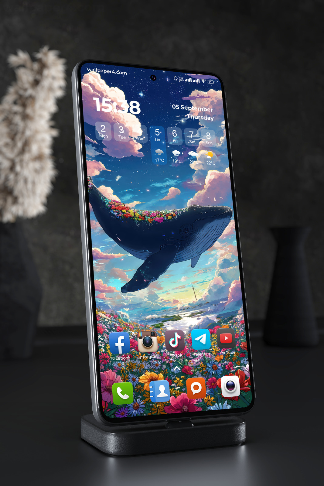 Phone Wallpaper 6836 - Magical Whale Flying Through Cosmic Flower Sky