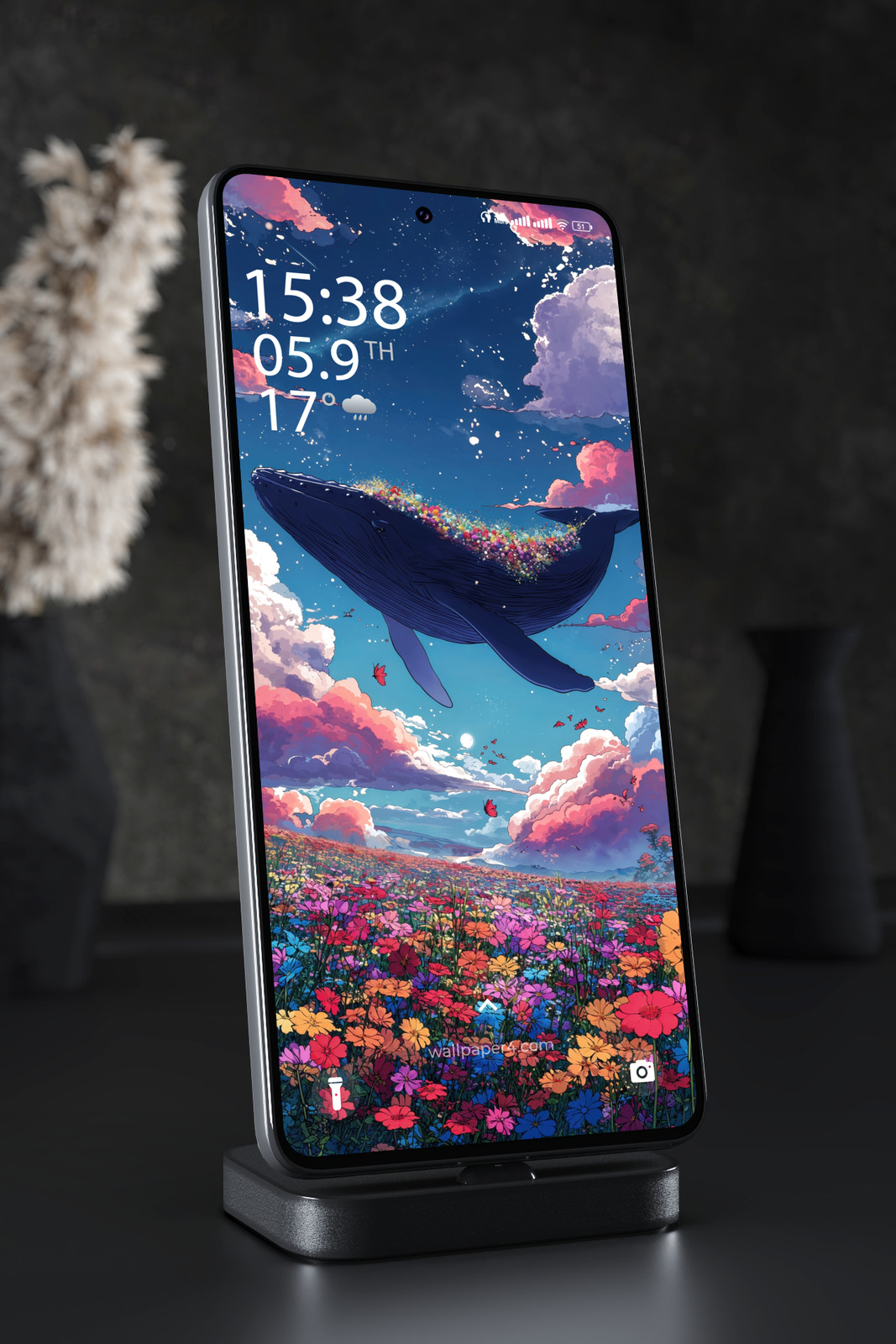 Mobile Wallpaper 6836 - Magical Whale Flying Through Cosmic Flower Sky