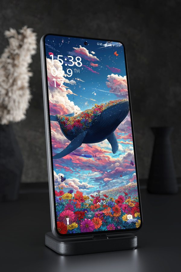 Mobile Wallpaper 6836 - Magical Whale Flying Through Cosmic Flower Sky