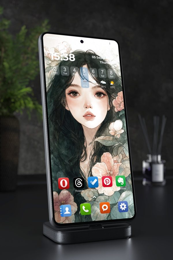 Phone Wallpaper 6840 - Elegant Anime Girl with Floral Watercolor Art