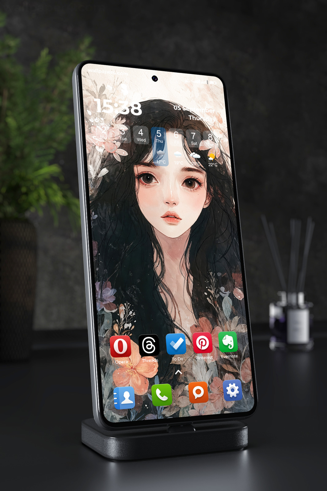 Mobile Wallpaper 6840 - Elegant Anime Girl with Floral Watercolor Art