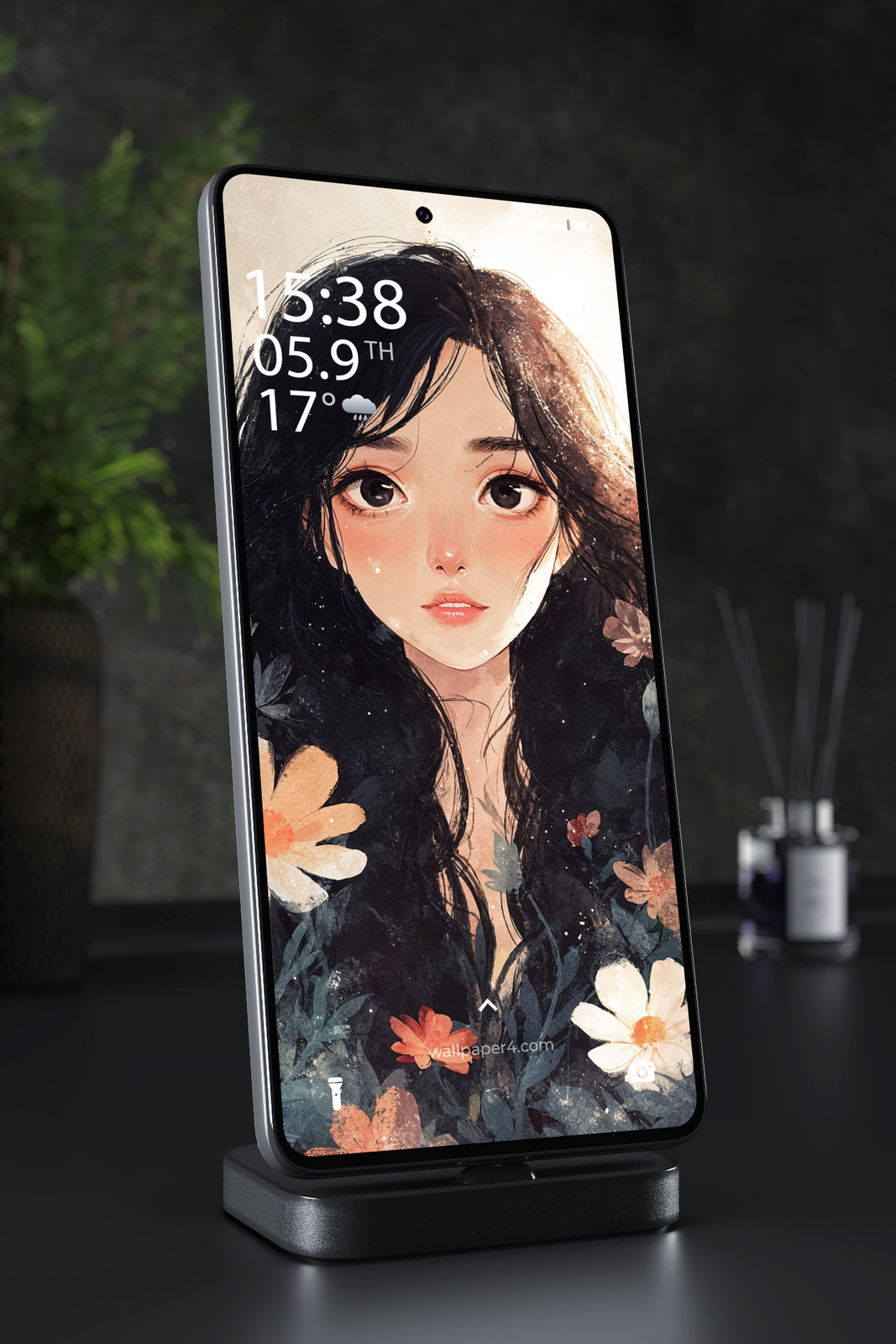 Mobile Wallpaper 6840 - Elegant Anime Girl with Floral Watercolor Art